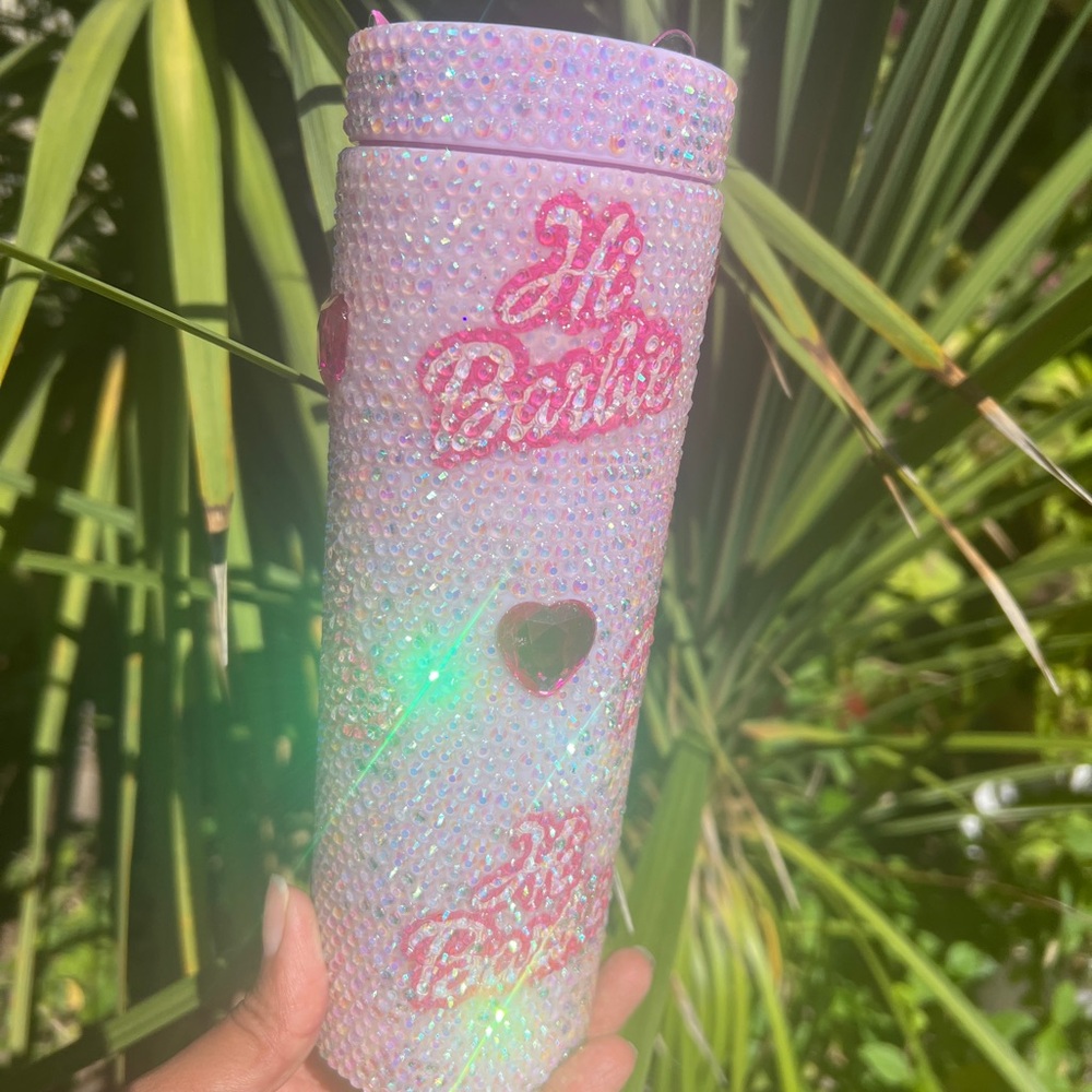 ✨Barbie-Themed Bling Tumbler | 16 oz Acrylic with Rhinestones & Crystal Hearts✨